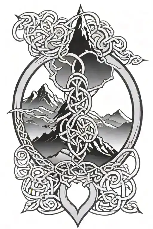 An Irish Celtic Knot Design Intertwined With Mountain Silhouettes
