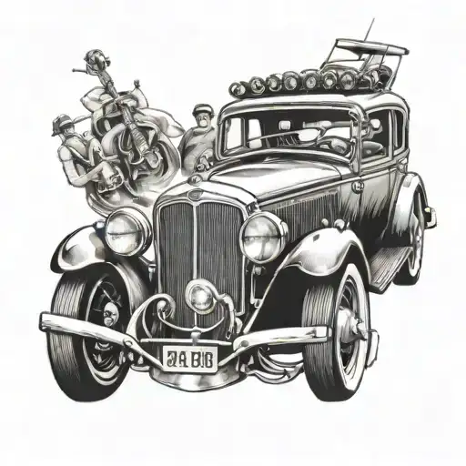 A Tattoo Design Of A Vintage Car With A Rock Band Performing On The Hood