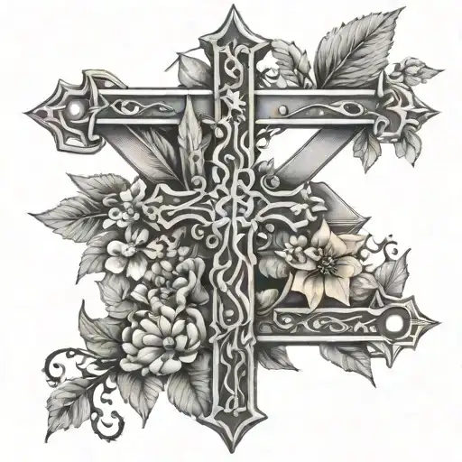 A Mechanic's Tools Forming A Cross With Nature Elements Like Leaves And Flowers Intertwined