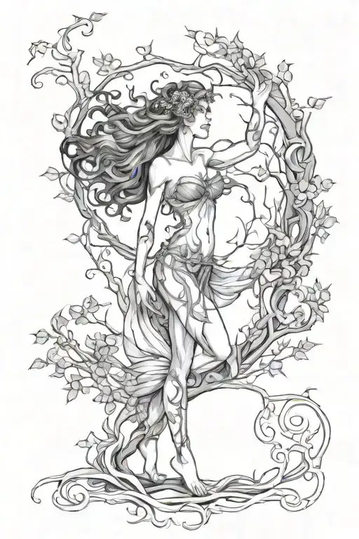 Full Body Female Wood Dryad With Filigree Vine Intertwined And Tree