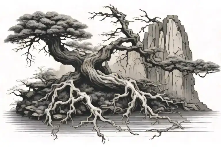 A Bonsai Tree With Long And Curling Roots Reaching Deep