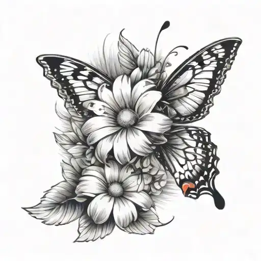 Daisy Flower With Angel Wing And Butterfly Wing On The Stalk In A Minimalist Tattoo Design