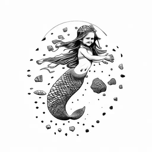 Mermaid Child Happy With Petoskey Stone Pattern On Tail On Black And White