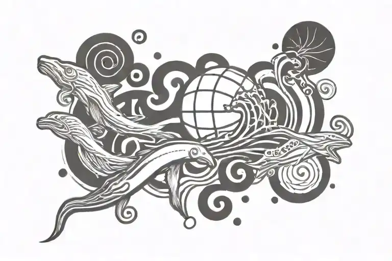 A Tattoo Of An Nba Logo Merged With Ocean Waves And Sea Animals