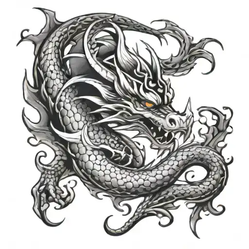 A Dragon Tattoo With Flower Accents And Flame Details