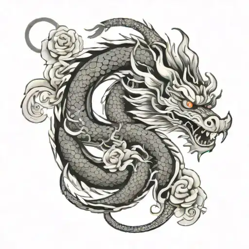 A China Dragon Tattoo With Flower Accents And Flame Details