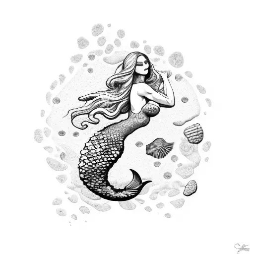 Mermaid With Petoskey Stone Pattern On Tail On Black And White