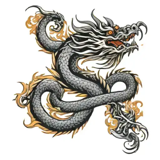 A Long China Dragon Tattoo With Flower Accents And Flame Details