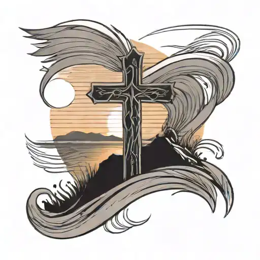 A Cross On A Hill With A Sunset In The Backround The Cross Is Surrounded By Flowing Script