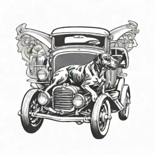 A Sleek Black And Grey Tattoo Design Featuring A Realistic Dog Driving A Vintage Car