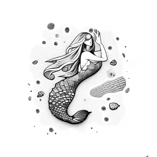 Mermaid With Petoskey Stone Pattern On Tail On Black And White