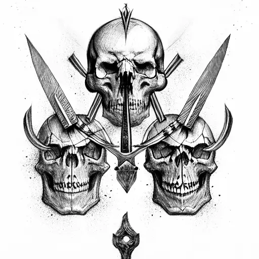 Three Nordic Skulls Facing Away From Each Other With Swords Crossing Behind Them