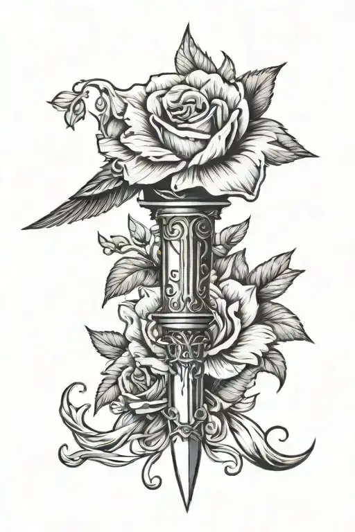 A Dagger Wrapped With A Flower And Picked Up By A Bird