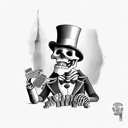 Skeleton Wearing Top Hat Playing Poker