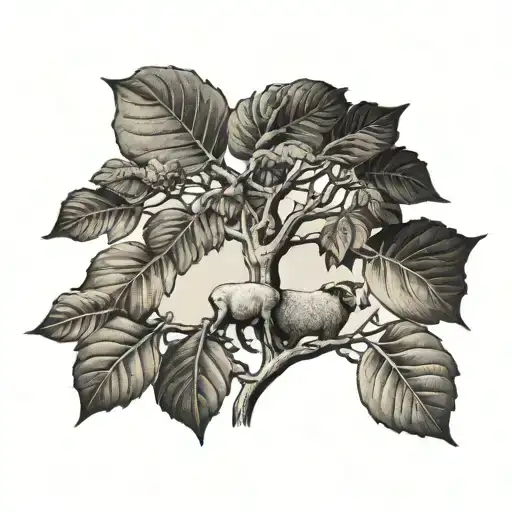 Tattoo Of A Fig Tree With A Small Sheep Resting Underneath