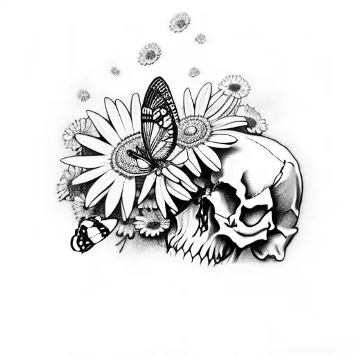 Skull And Daisies And Butterfly