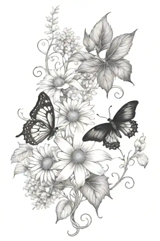 Vines Thorns Growing Up With A Butterfly's And Daisy Flowers Dark
