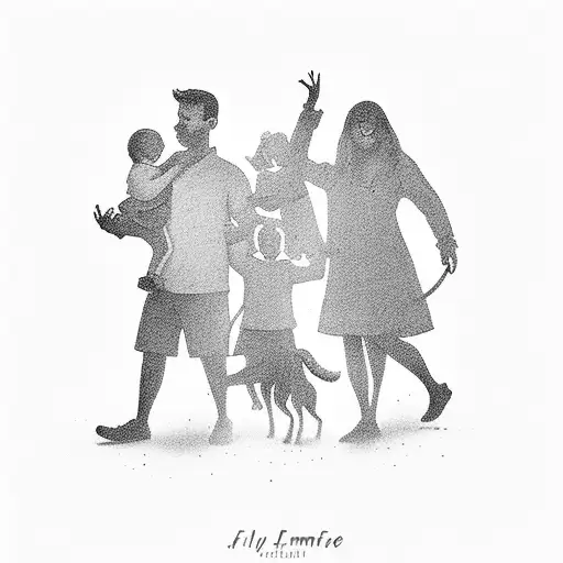 Family With Dog Silhuette Walking Sun Down