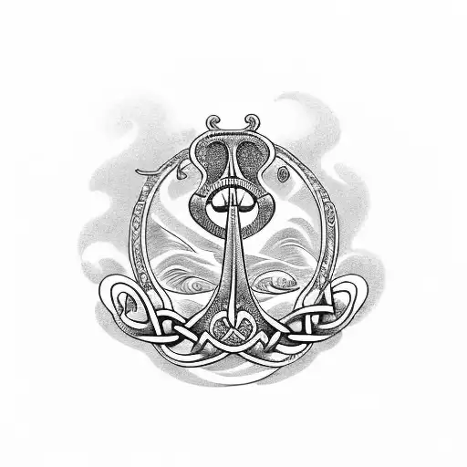 Irish Harp With Celtic Knots And Ocean Waves