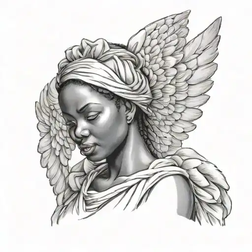 Photo Realistic African Female Angel Looking Down From Heaven In A Wrinkly Garment