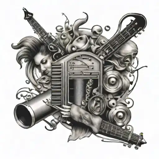 A Sleeve Tattoo Featuring A Music-themed Collage Of Different Genres And Eras