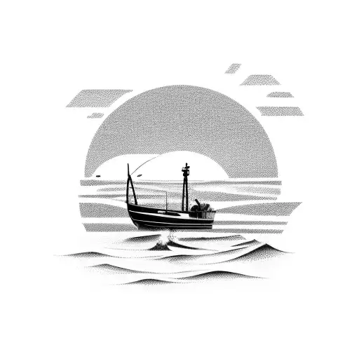 A Serene Sunset Over The Ocean With A Silhouette Of A Fishing Boat In The Foreground