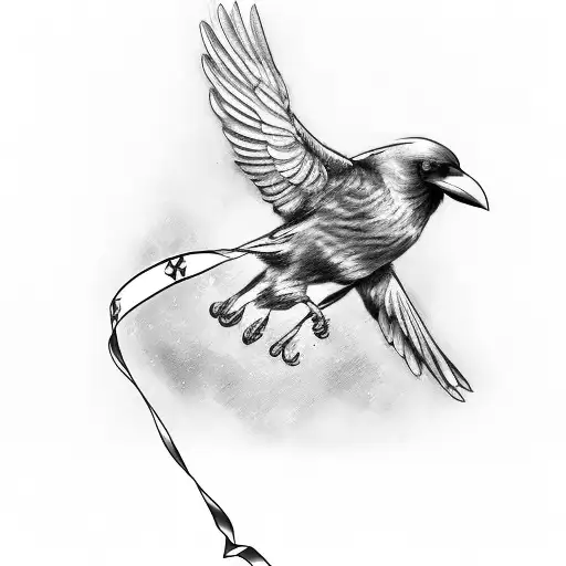 Crow Flying And Holding A Ribbon With Roman Numerals On It