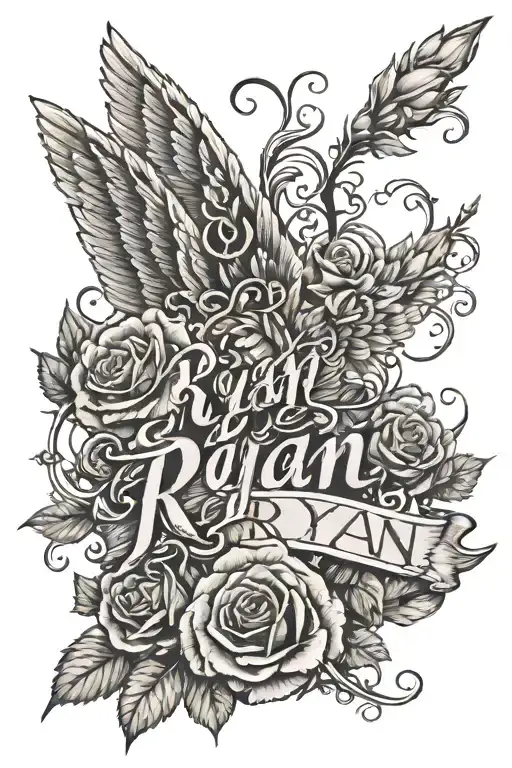 An Intricate Design Of The Name 'Ryan' Intertwined With Angel Wings And Realistic Roses