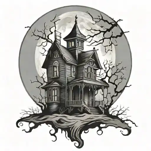 An Eerie Silhouette Of A Haunted House Against A Full Moon