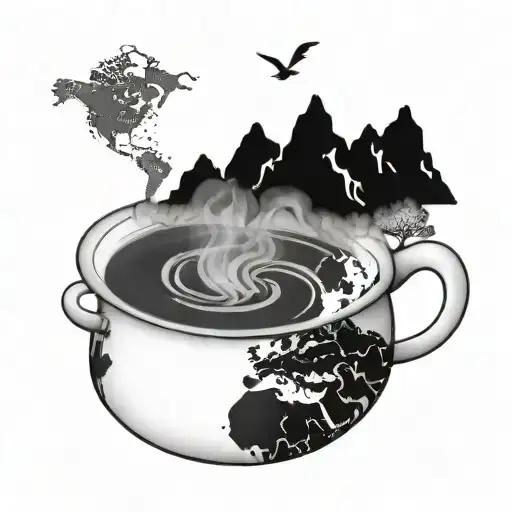 A Steaming Pot Of Soup With A Map Of Different Hiking Trails As The Steam