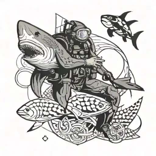 An Engineer Scuba Diving With A Shark And Sea Turtle In A Geometric Ocean Background