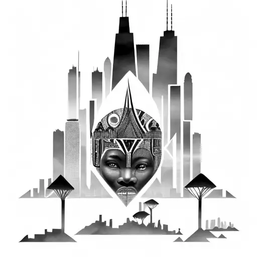 African Tribal Sunrise Integrated With The Chicago Skyline Technology And Binary Coding