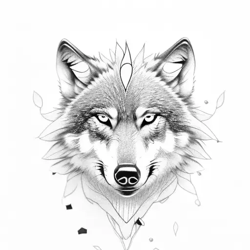 Wolf Head With Hibiscus Flower On Its Ear With One Hazel Eye And One Blue Eye