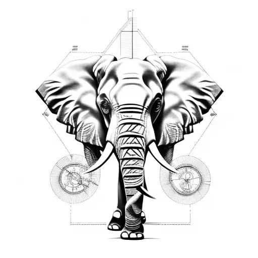 A Black-grey Tattoo Of An Engineer's Blueprint With An Elephant Incorporated Into The Design
