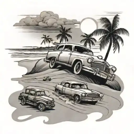 A Beach Scene With Cars Racing On The Sand