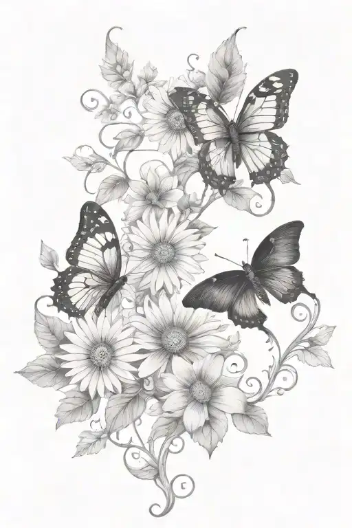 Vines Thorns Growing Up With A Butterfly's And Daisy Flowers Dark
