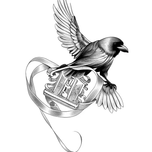 Crow Flying And Holding A Ribbon With Roman Numerals On It