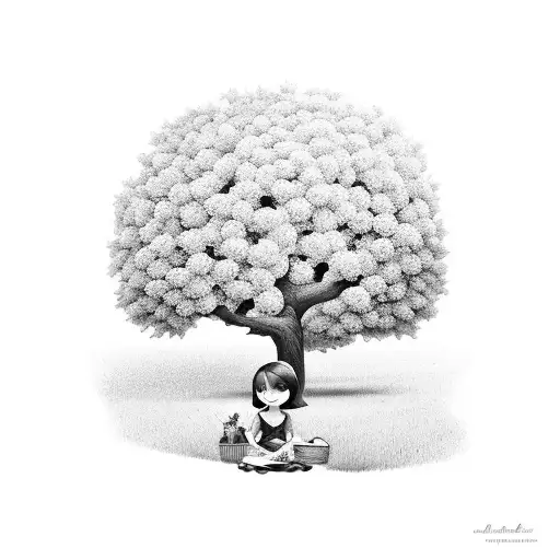 A Little Girl Sitting Under Apple Tree