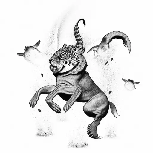 A Black-grey Tattoo Of Animals Dancing At A Lively Beach Party