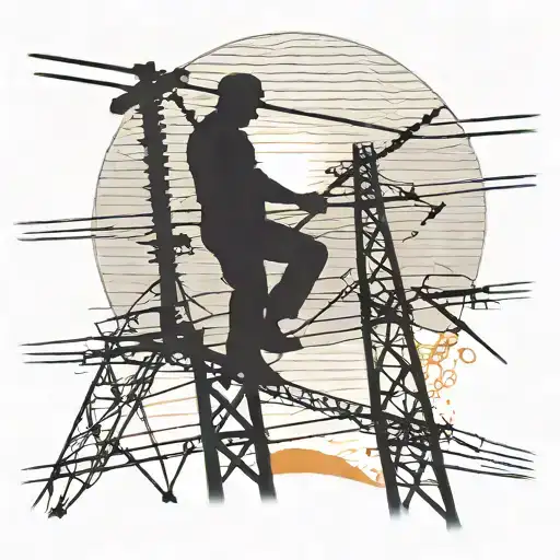 A Silhouette Of A Linesman Working On A Power Line With A Sunset Background
