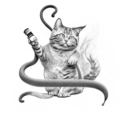 A Black And Grey Fire Hose Intertwined With A Dancing Cat