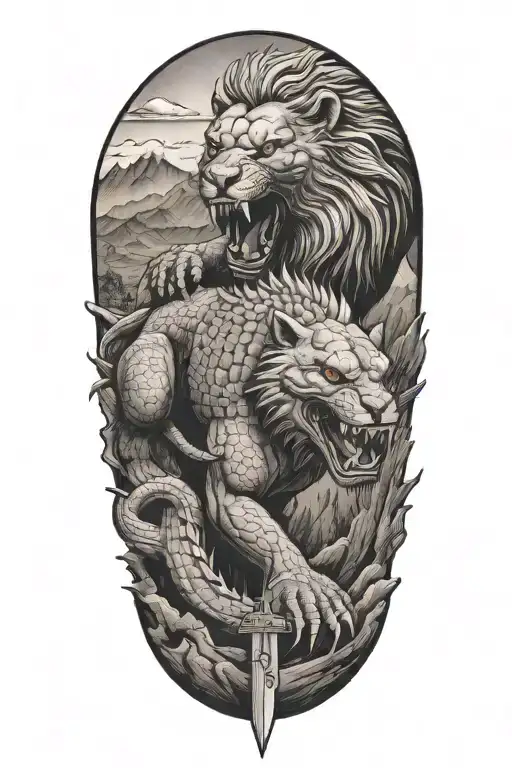 A Lion And Alligator Engaged In A Battle With Guns In A Mountain Range