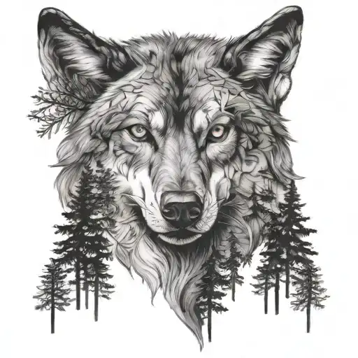 A Wolf With A Realistic Design Incorporating Forest Symbols