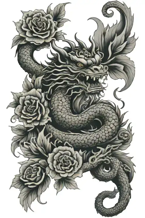Chinese Dragon With Foo Dogs Guarding 5 Roses Mayflowers Hibiscus