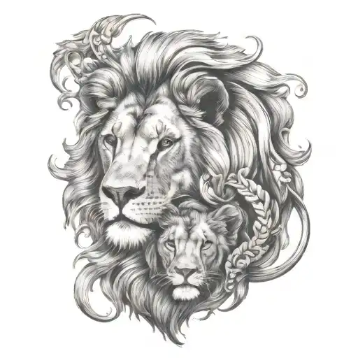 Lion Mirrored With A Cub