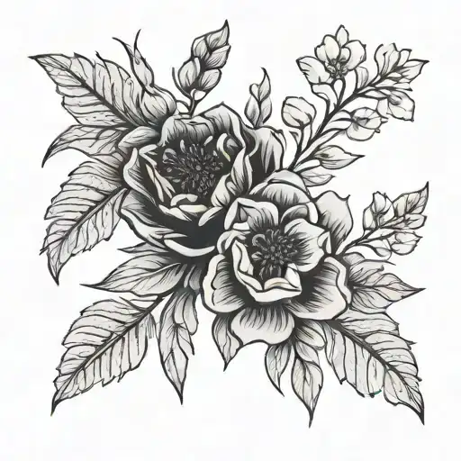 A Blackwork Minimalistic Tattoo Of A Bouquet Combining May And December Birth Flowers