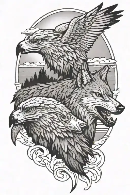 A Realistic Portrait Of A Wolf With An Eagle Perched On Its Back Against A Hawaiian Sunset Backdrop