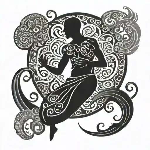 An Adult Entertainer Silhouette Surrounded By Bohemian Patterns And Ocean Waves In Black-grey Style