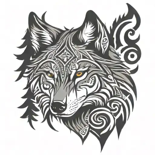 A Wolf With A Tribal Design Incorporating Forest Symbols