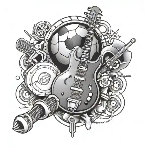 A Tattoo Design Featuring A Mix Of Musical Instruments And A Football Field